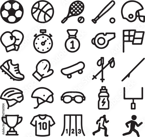 Collection of diverse sports equipment and symbols including balls rackets helmets gloves trophies and athletic figures representing various activities and achievements