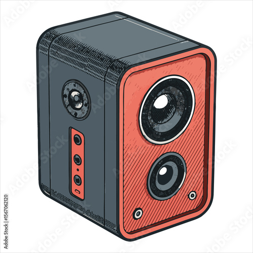 Portable Wireless Speaker Isolated on White Background. Black Sound Speaker with Ribbed Texture and Control Buttons.