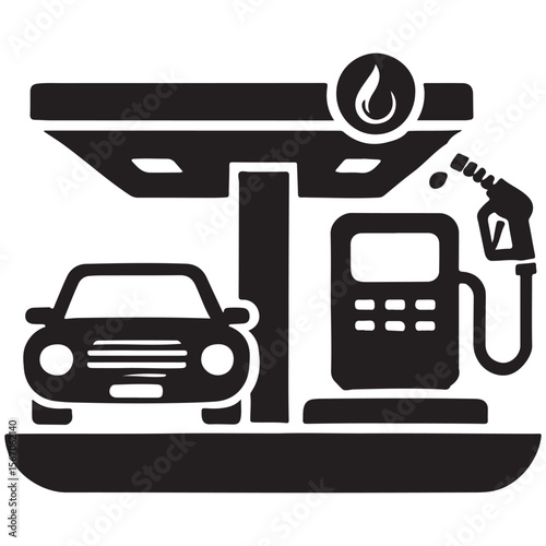 Fuel Station Icon with Car and Fuel Pump – Black and White Silhouette

