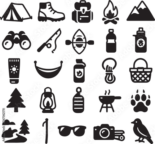 Collection of black and white camping and outdoor adventure icons including a tent hiking boots backpack campfire mountains binoculars fishing rod kayak water bottle sunscreen banana lantern sleeping 
