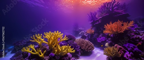 Vivid tropical coral reef underwater shot with bright yellow orange and purple marine plants