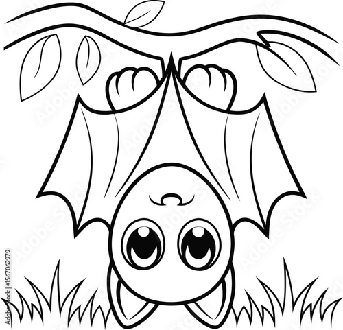 cute bat hanging upside down  add grass and a tree.eps