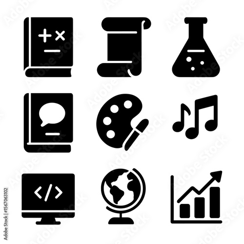 Academic Subjects Icons. Solid, filled icon set of academic subjects: math book, history scroll, science flask, language book, art