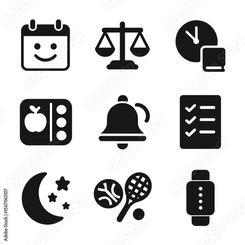 Academic Routine Icon Set. Solid, filled icon set of academic balance and routine: calendar with smile, balanced scale, clock and