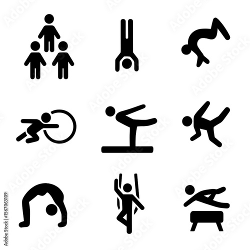 Acrobatic Icons Grid. Solid, filled icon set of acrobatic acts: human pyramid, handstand pose, backflip silhouette, hoop dive,