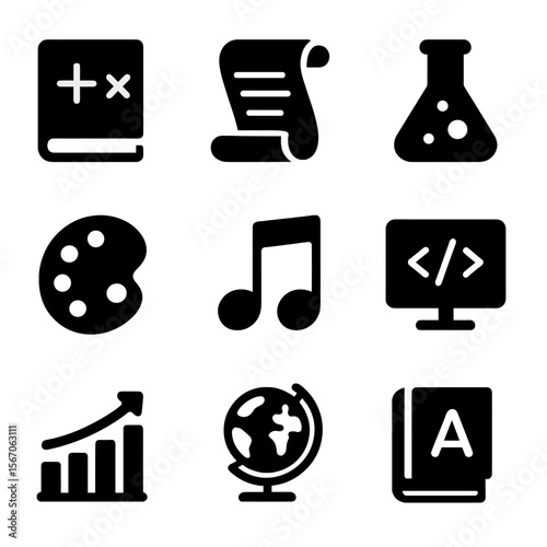 Academic Subjects Icons. Solid, filled icon set of academic subjects: math book, history scroll, science flask, language book, art