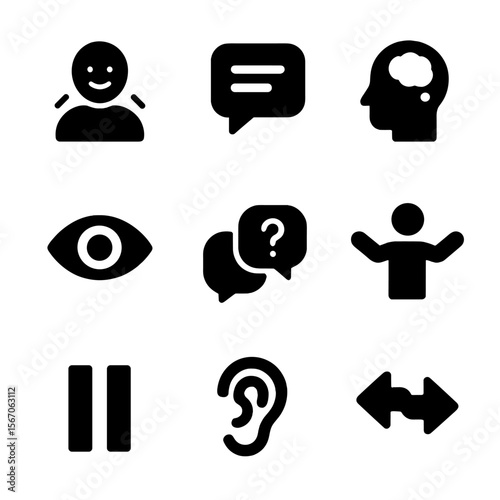 Active Listening Icons. Solid, filled icon set of active listening techniques: nodding person, paraphrasing bubble, reflective