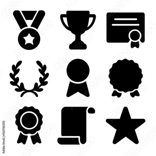 Achievement Icons Grid. Solid, filled icon set of honor and achievement: medal, trophy, certificate, laurel wreath, ribbon, badge,