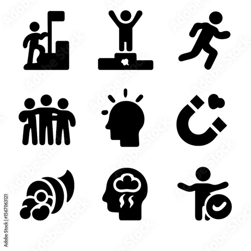 Abstract Icons Grid. Solid, filled icon set of abstract concepts starting with A: ambition, achievement, agility, alliance,