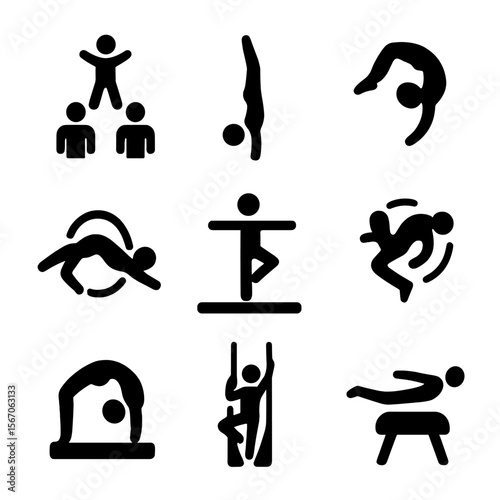 Acrobatic Icons Grid. Solid, filled icon set of acrobatic acts: human pyramid, handstand pose, backflip silhouette, hoop dive,