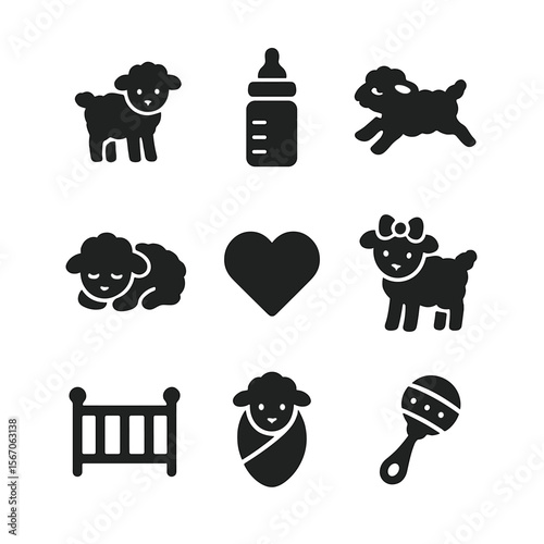 Adorable Lamb Icons. Solid, filled icon set of baby sheep and lambs: tiny lamb, milk bottle, playful leap, sleeping lamb, lamb