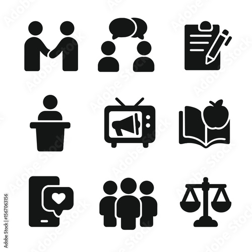 Advocacy Strategy Icons. Solid, filled icon set of advocacy strategies: negotiation, dialogue, petition, lobbying, media campaign,