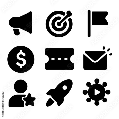 Advertising Strategy Icons. Solid, filled icon set of advertising strategies: megaphone, target bullseye, campaign flag, budget