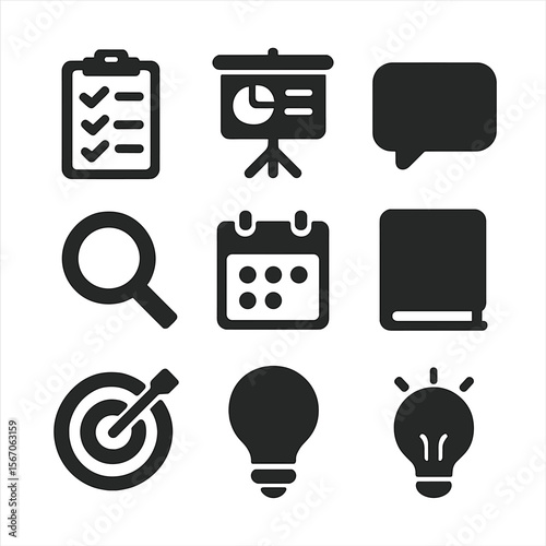 Advising Tools Icons. Solid, filled icon set of advising tools: clipboard, checklist, presentation board, speech bubble,