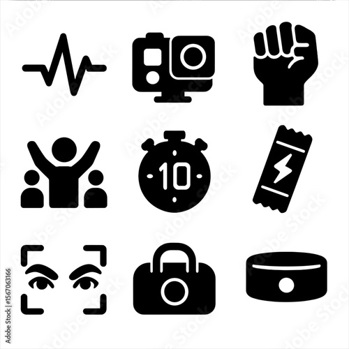 Adrenaline Sports Icons. Solid, filled icon set of adrenaline sports lifestyle: heartbeat spike, action camera, fist pump,