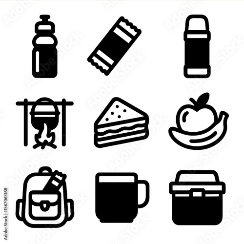Adventure Food Icons. Solid, filled icon set of adventure food and hydration: water bottle, energy bar, thermos, campfire cooking