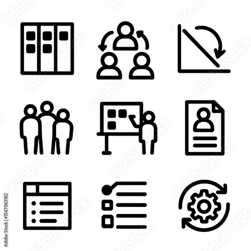 Agile Development Icons. Solid, filled icon set of agile product development: sprint board, team collaboration, burndown chart,
