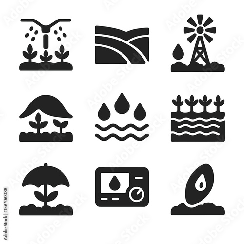 Agricultural Sustainability Icons. Solid, filled icon set of agricultural water sustainability: crop sprinkler, terraced field,