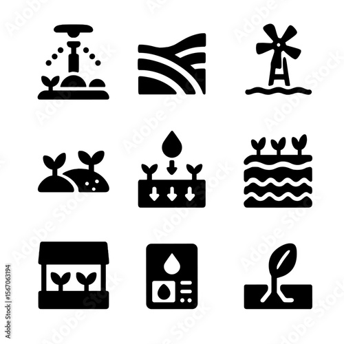 Agricultural Sustainability Icons. Solid, filled icon set of agricultural water sustainability: crop sprinkler, terraced field,
