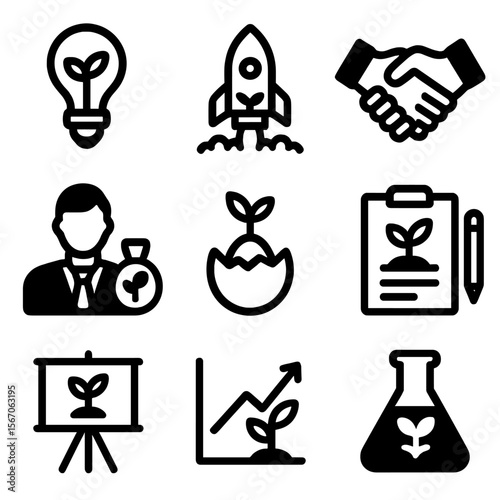Agri-Tech Icon Grid. Solid, filled icon set of agri-tech startup ecosystem: lightbulb, rocket launch, handshake, investor,