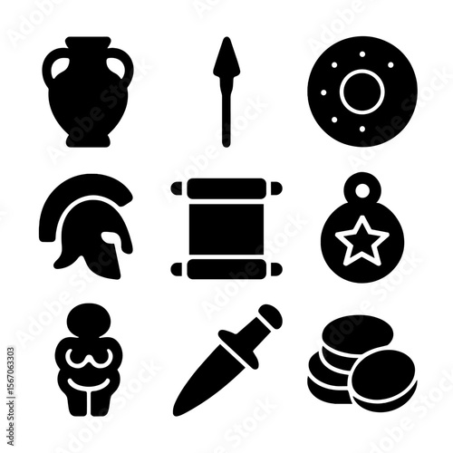 Ancient Artifact Icons. Solid, filled icon set of ancient artifacts: pottery, spear, shield, helmet, scroll, amulet, statue,
