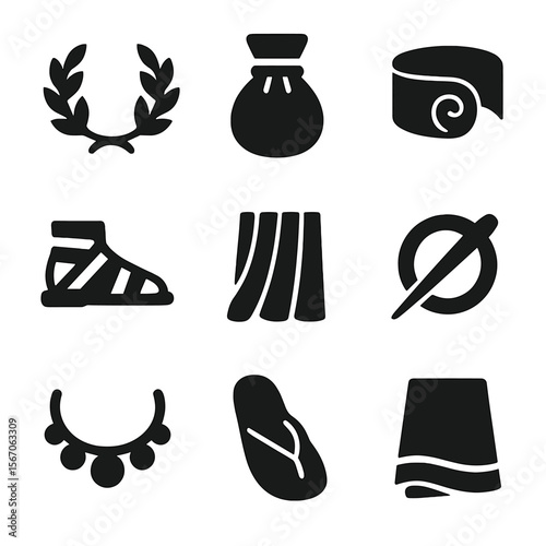 Ancient Accessories Icons. Solid, filled icon set of ancient clothing accessories: laurel wreath, leather pouch, arm cuff, sandals