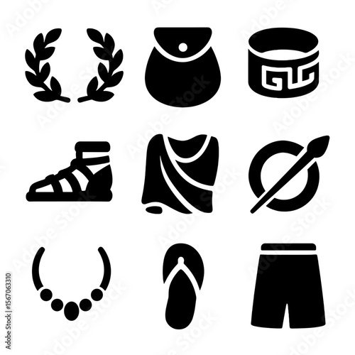 Ancient Accessories Icons. Solid, filled icon set of ancient clothing accessories: laurel wreath, leather pouch, arm cuff, sandals