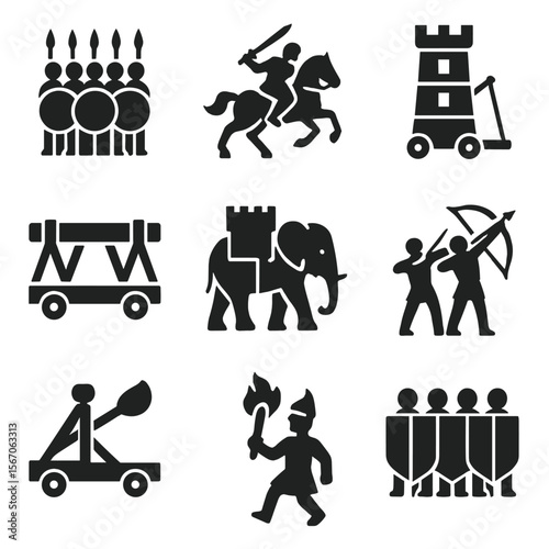 Ancient Battle Tactics Icons. Solid, filled icon set of ancient battlefield tactics: phalanx formation, cavalry charge, siege
