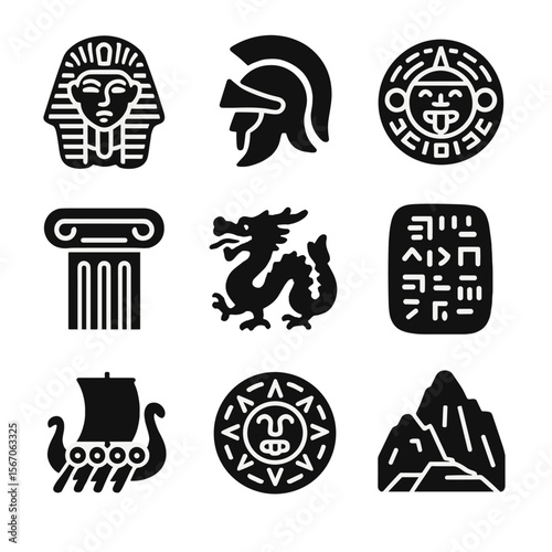 Ancient Civilizations Grid. Solid, filled icon set of ancient civilizations: Egyptian pharaoh, Roman helmet, Mayan calendar, Greek