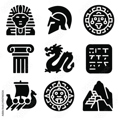 Ancient Civilizations Grid. Solid, filled icon set of ancient civilizations: Egyptian pharaoh, Roman helmet, Mayan calendar, Greek