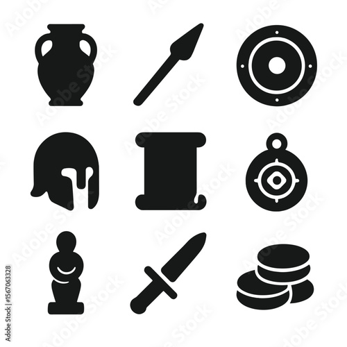 Ancient Artifact Icons. Solid, filled icon set of ancient artifacts: pottery, spear, shield, helmet, scroll, amulet, statue,
