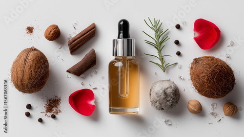 Natural skincare oil with botanicals studio setting flat lay photography organic ingredients aesthetic view wellness concept