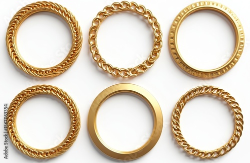 Set of six 3D golden chain frames. Various chain shapes, circle round forms. Elegant design elements for jewellery, fashion, luxury projects, decor, art. Seamless golden border, ornate vintage style.