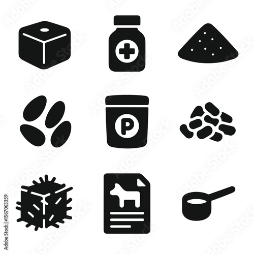 Animal Nutrition Icons. Solid, filled icon set of animal nutrition elements: mineral block, vitamin bottle, grain pile, protein