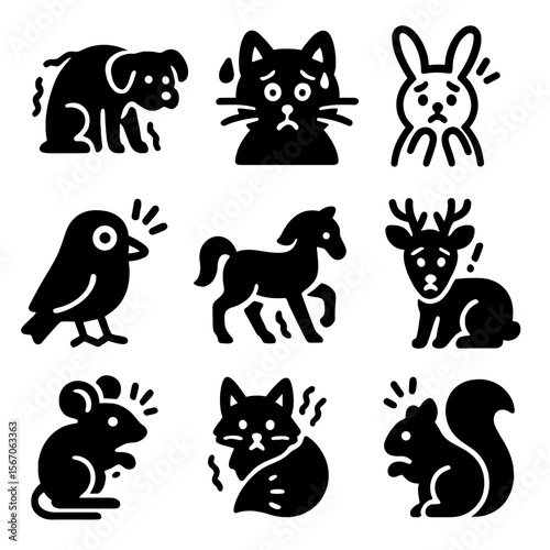 Animal Nervousness Icons. Solid, filled icon set of nervousness in animals: trembling dog, sweating cat, anxious rabbit, worried