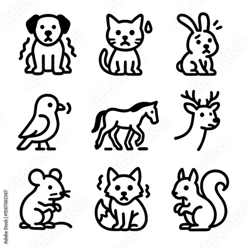 Animal Nervousness Icons. Solid, filled icon set of nervousness in animals: trembling dog, sweating cat, anxious rabbit, worried