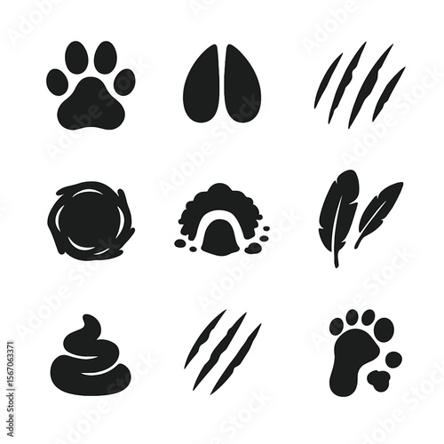 Animal Trail Icons. Solid, filled icon set of animal trail signs: paw print, hoof print, claw mark, nest, burrow, feathers, scat,