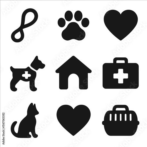Animal Welfare Icons. Solid, filled icon set of animal welfare: rescue dog, paw print, heart, pet carrier, animal shelter, first