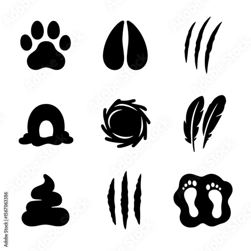 Animal Trail Icons. Solid, filled icon set of animal trail signs: paw print, hoof print, claw mark, nest, burrow, feathers, scat,