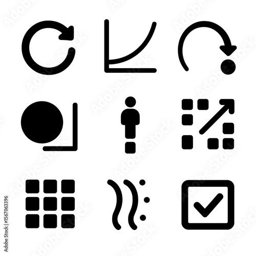 Animation Principles Icons. Solid, filled icon set of animation design principles: easing icon, timing curve, motion arc, delay