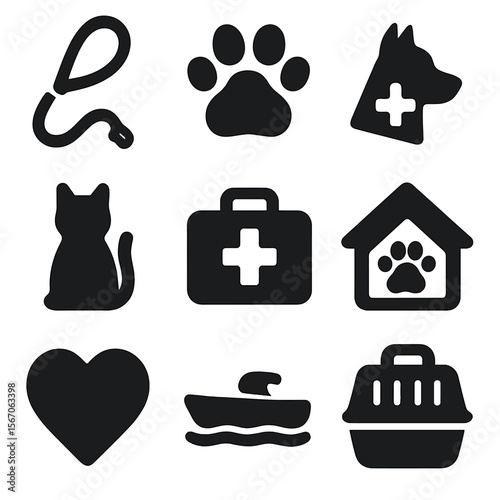 Animal Welfare Icons. Solid, filled icon set of animal welfare: rescue dog, paw print, heart, pet carrier, animal shelter, first