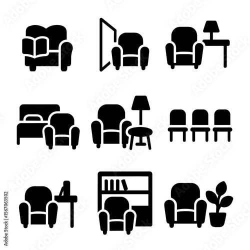 Armchair Icon Set. Solid, filled icon set of armchair placement ideas: reading nook, living room corner, home office, bedroom