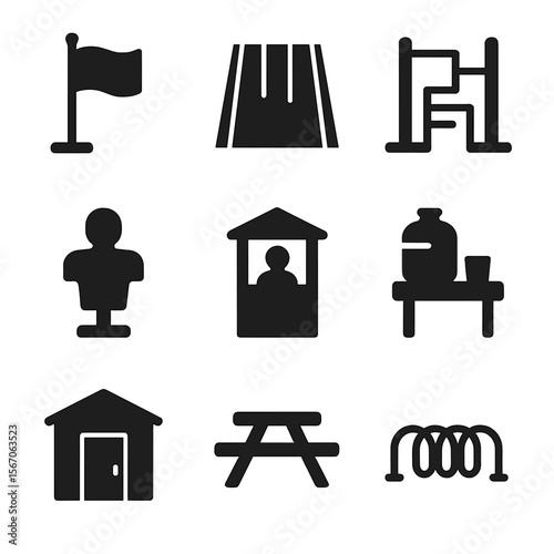 Army Barracks Icons. Solid, filled icon set of army barracks outdoor area: flagpole, parade ground, obstacle course, training