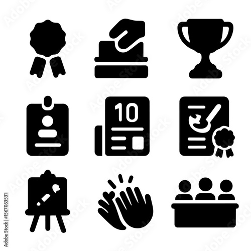 Art Contest Icon Set. Solid, filled icon set of art contest and awards: prize ribbon, voting ballot, trophy, participant card,