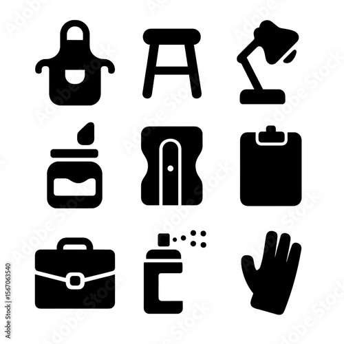 Art Supplies Icons. Solid, filled icon set of drawing accessories: apron, stool, lamp, brush cleaner, pencil sharpener, sketch