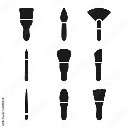 Artistic Brush Icons. Solid, filled icon set of artistic brush types: flat brush, round brush, fan brush, detail brush, mop brush,