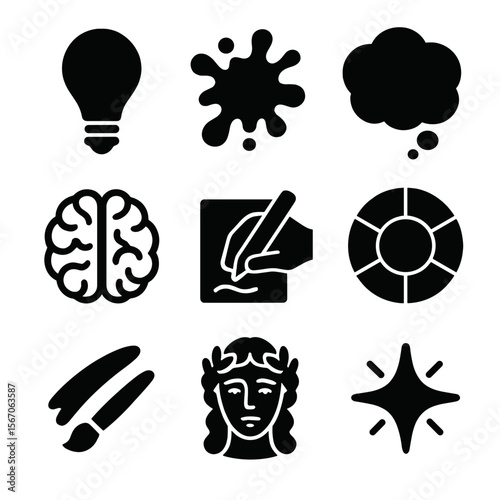 Artistic Inspiration Icons. Solid, filled icon set of artistic inspiration and creativity: light bulb, paint splash, brain with