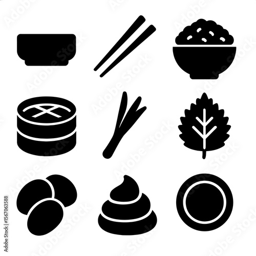 Asian Cuisine Icons. Solid, filled icon set of Asian cuisine elements: soy sauce dish, chopsticks, rice bowl, bamboo steamer,