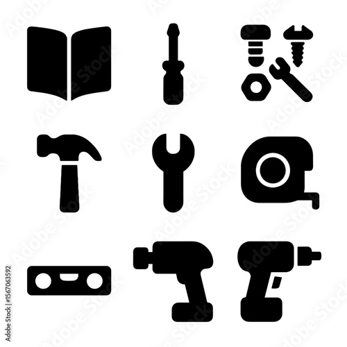 Assembly Tools Icons. Solid, filled icon set of Assembly steps: instruction manual, screwdriver, bolts, screws, hammer, wrench,
