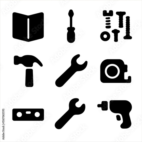 Assembly Tools Icons. Solid, filled icon set of Assembly steps: instruction manual, screwdriver, bolts, screws, hammer, wrench,